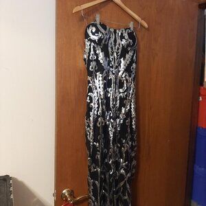 Yissang Halter Hollow Out Split Floral Sequined Silver Sparkle Party Dress SzXL